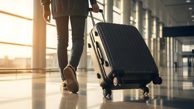 Traveler pulling a black suitcase in airport terminal. Vacation trip and international flight. Person walking toward boarding gate with rolling luggage during golden hour sunset
