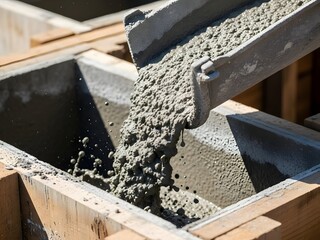 Concrete being poured into a wooden mold on a construction site