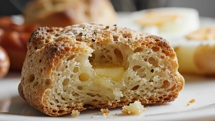 Delicious homemade golden brown baked good possibly a muffin or scone cut in half to reveal a rich creamy and sweet filling showcasing its fluffy texture and inviting appearance perfect for breakfast.