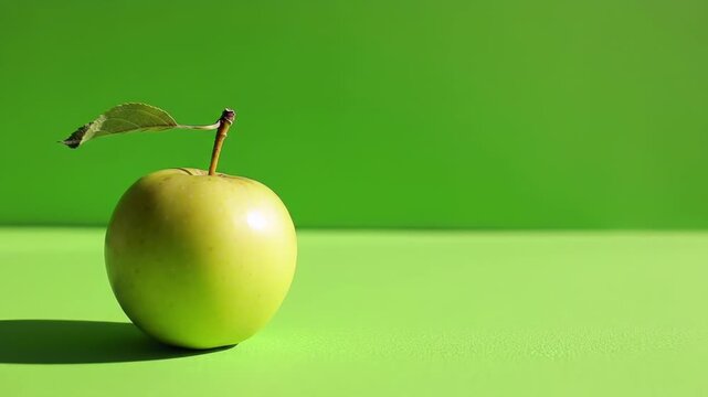 A green apple with a leaf on a green background