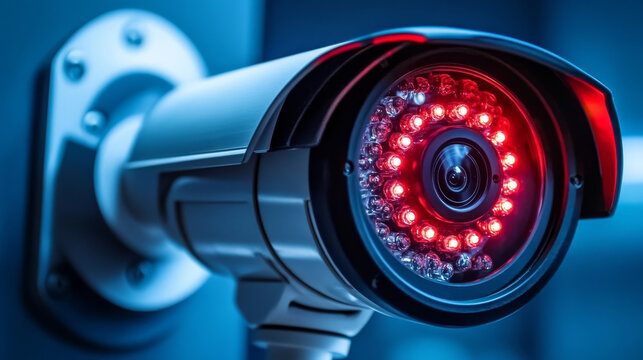 Close-up of a red-light night vision security surveillance camera