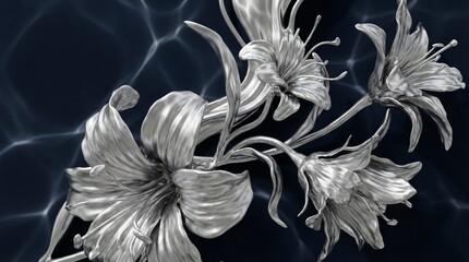 Sculptural Silver Flowers on Dark Rippling Background