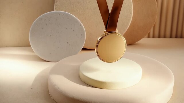 Minimalist beige round coaster with gold metal token held by leather tweezers beside white vase on neutral surface, soft sunlight shadows, luxury product flatlay