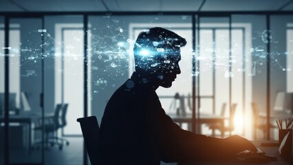 Silhouette of a person at a computer, overlaid with a network of digital connections