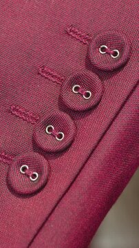 burgundy textile garment features four fabric covered buttons attached with silver metal eyelets