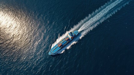 Fototapeta premium Cargo Ship Speeds Across Ocean with Leaving White Wake, and Sunny Day.