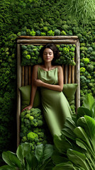 Frau in nat&uuml;rlicher Umgebung mit moosartigen Strukturen und gr&uuml;nen Textilien. Ruhige Fashion- und Lifestyle-Fotografie mit Fokus auf Natur, Textur und entspannte &Auml;sthetik.