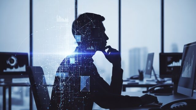 Silhouette of a person at a desk working on computer, data visualization overlay - Powered by Adobe
