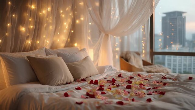 Romantic bedroom with white bed adorned with rose petals, fairy lights and sheer drapes canopy, cozy armchair, warm lamp, city skyline view through window