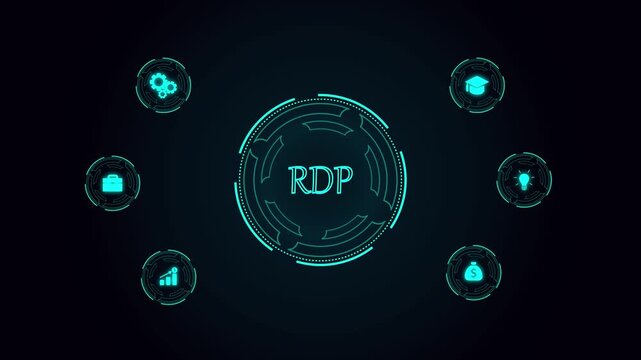 Remote Desktop Protocol with Global World Map, Finance Icons, Corporate Budget Analysis and Futuristic Business Dashboard