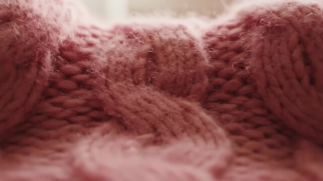 Extreme macro shot of hands gently handling pink cable knit fabric. Close-up texture details in soft woolen material revealing intricate braiding. Textile craftsmanship and knitting process footage.