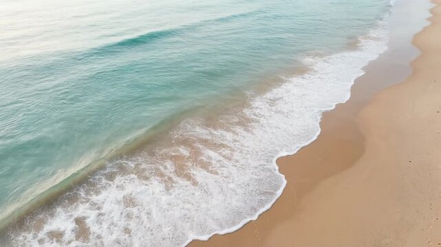 Serene beach landscape with gentle waves lapping at the shore, perfect for relaxation and travel themes