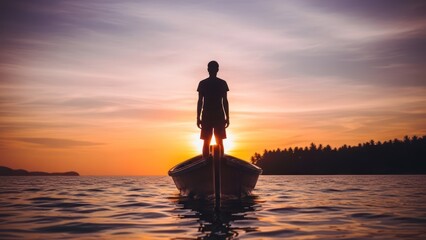 Silhouette of a person standing in a boat facing a vibrant sunset on a calm lake