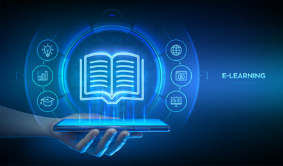 E-learning. Innovative online education technology concept. Remote education via smartphone app. Distance education with mobile app. Webinar, teaching, online training courses. Vector illustration.