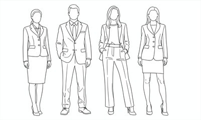 Business professionals line art illustration, corporate men and women standing, formal office fashion, modern workforce, outline vector characters set