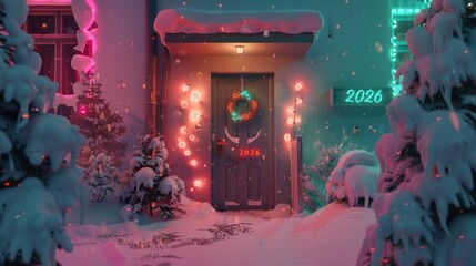 Festive Snowy House Entrance Decorated with Christmas Lights and Wreaths for New Year Celebration