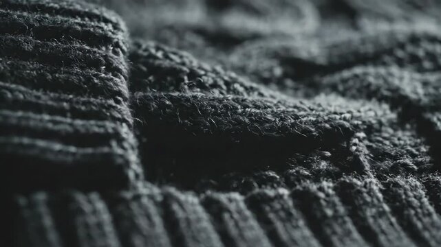 Closeup panning shot of gray knitted fabric texture. Detailed woolen sweater material in cable knit pattern. Macro video revealing cozy textile close-up.