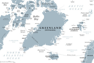 Greenland and part of the Arctic Region, gray political map. Largest island of the world situated between the North Atlantic Ocean and the Arctic Ocean, east of the Canadian Arctic Archipelago. Vector