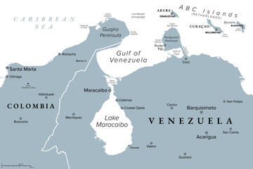 Gulf of Venezuela and Lake Maracaibo, gray political map. Gulf in the Caribbean Sea and South America, connected to one of the oldest Lakes on Earth, and main oil producing area of Venezuela. Vector