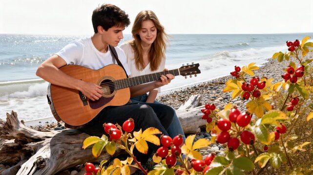 Man plays acoustic guitar on a pebble beach with a woman listening beside driftwood by the shoreline, red berries in the foreground and a seagull overhead, natural coastal scene conveying relaxed summ