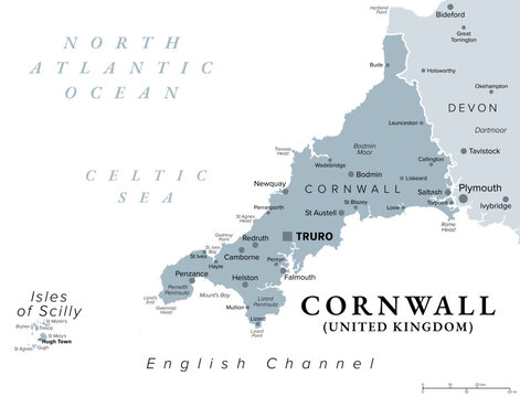 Cornwall, ceremonial county in South West England, United Kingdom, gray political map, with county town Truro, and the Isles of Scilly, bordered by Devon, Atlantic Ocean, and English Channel. Vector