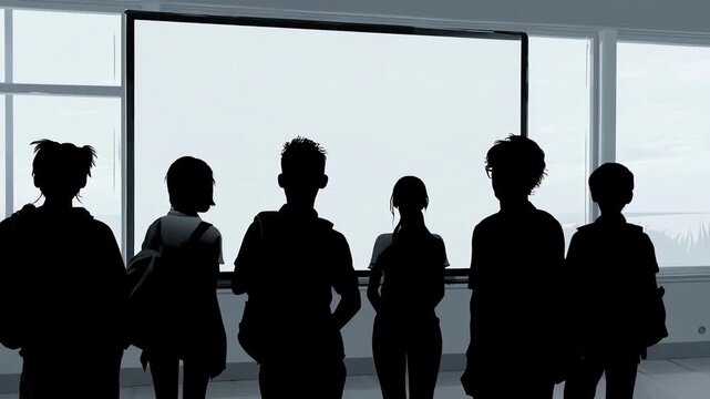 Black silhouettes of teacher at whiteboard instructing attentive group of school children seated at desks in bright classroom with large windows, education concept