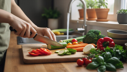 Person chopping fresh vegetables on kitchen countertop