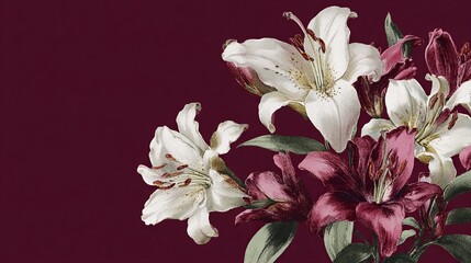 Elegant, chic seamless pattern including white lilies top left corner of image watercolor sketch style with burgundy background © An Amanita