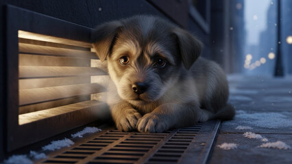 A Puppy in the Winter Chill: A small puppy sits next to a vent, a poignant display of vulnerability and resilience amidst a wintery scene. 