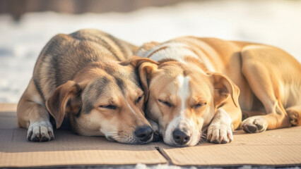 Cuddled Companions: Two affectionate dogs snuggle together, basking in warmth and tranquility, embodying the essence of friendship and the joys of a simple life.