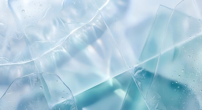 Abstract close-up of clear ice and frosted water drops with light reflections in cool blue tones for a purity and refreshing concept and modern design