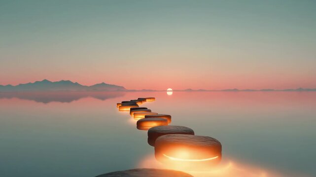 Zen stone path stepping stones leading across calm reflective lake to distant mountains at vibrant orange sunset, peaceful nature journey symbol