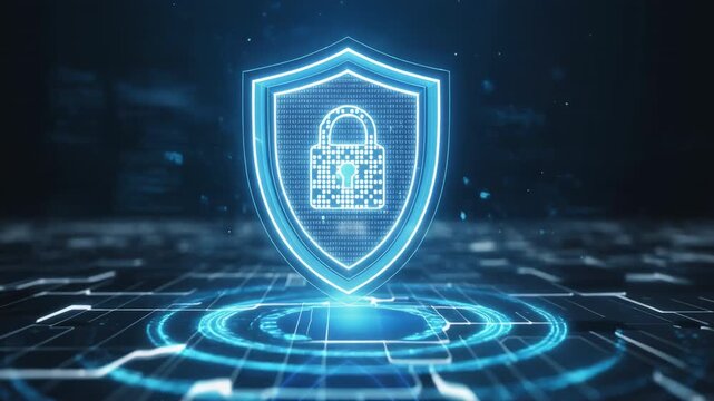 A luminous digital shield with lock symbol surrounded by code, representing encrypted data protection, cybersecurity solutions, and secure digital environments.