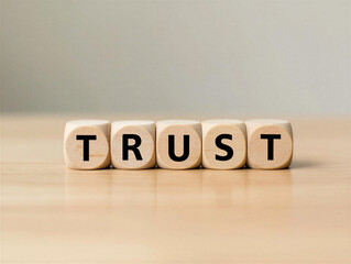 Four wooden dice with black letters spelling out trust on a light brown surface  concept of faith and reliability