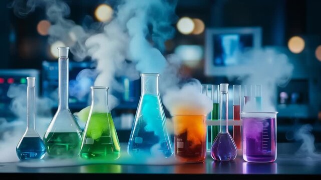 Colorful chemical experiments with glassware and smoke effects in a modern laboratory setting
