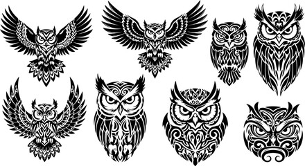 Fototapeta premium Tribal Owl Tattoo Design Vector Collection Set