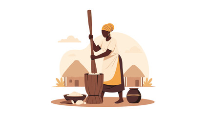 African woman preparing traditional fufu by pounding cassava or yam, ideal for culinary publications and cultural heritage promotions