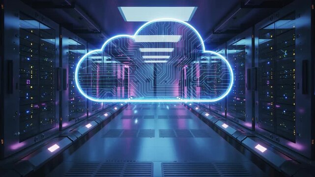 A luminous cloud computing symbol inside a modern data center corridor, visualizing secure cloud infrastructure, server technology, and high performance digital storage systems.