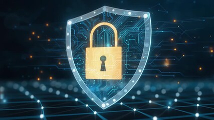 A secure digital shield with a padlock icon over a network grid, representing cybersecurity protection, data security, and encrypted information systems. - Powered by Adobe