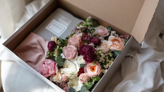Medium shot of a premium floral subscription box reveal highlighting luxurious rare flower varieties elegantly packaged with delicate wrapping and ribbons.