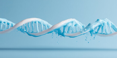 White DNA helix with a cyan liquid ribbon symbolizing biotech innovation and future health on a cool white-blue background.