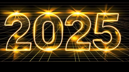 Futuristic Golden Number 2025 Digital Display with Sparkles and Grid Background