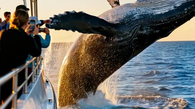 Close medium shot of a whale breaching near a boat with excited passengers watching and photographing the majestic marine giant.