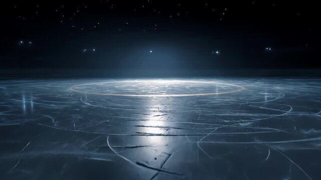 Mysterious empty ice hockey rink at night with glossy ice surface showing skate tracks, soft arena spotlights creating ethereal blue glow and reflective highlights