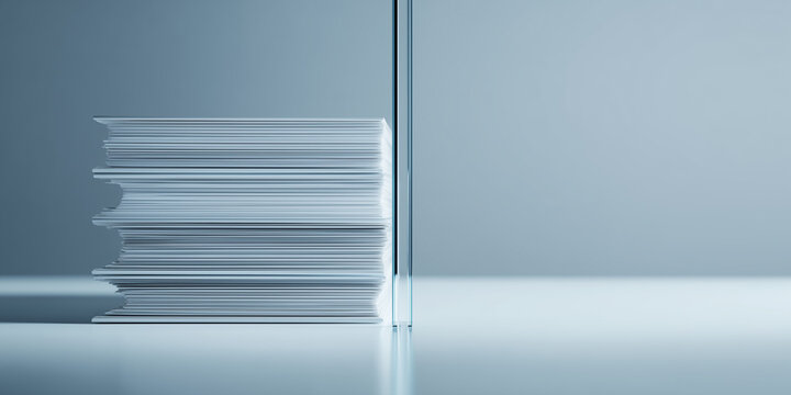 Matte white document stack pierced by a transparent glass line symbolizing legal clarity and transparency on a muted blue-gray background.