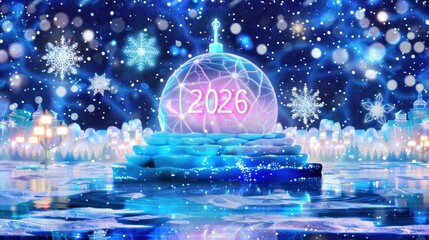 Futuristic Ice Globe Displaying 2026 Surrounded by Snowflakes and Winter Lights in Bright Blue Scene