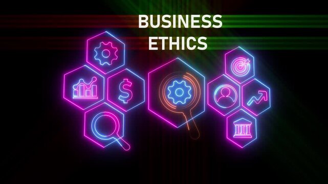 Glowing neon line banner of BUSINESS ETHICS concept with icons of relationship, attitude, reliability, morality, business law, choice and agreement isolated on black background.