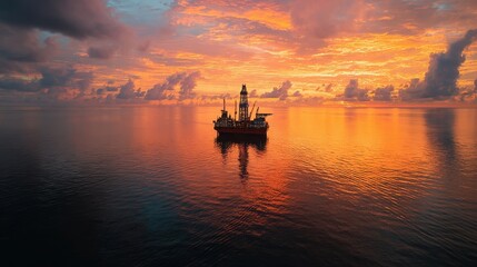 Fototapeta premium Offshore Drilling Rig at Sunset on Calm Ocean with Dramatic Sky.