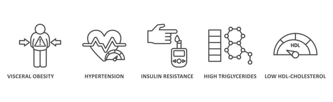 Metabolic Syndrome banner web icon illustration with icon of Hypertension, Insulin Resistance, High Triglycerides, Low HDL-Cholesterol, Visceral Obesity