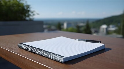 A blank lined notebook and pen rest on a wooden table with a scenic blurred cityscape in the background